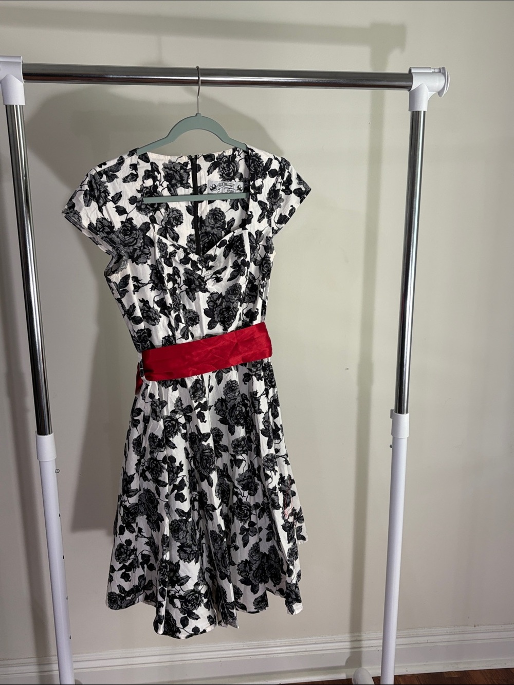 Black & White Floral Midi Dress with Red Sash